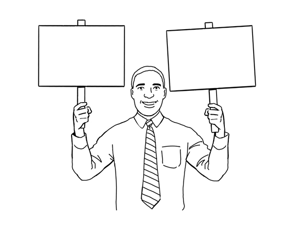 Illustration of a man holding signs