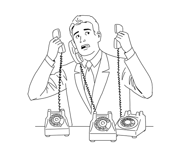 Illustration of a man with many phones